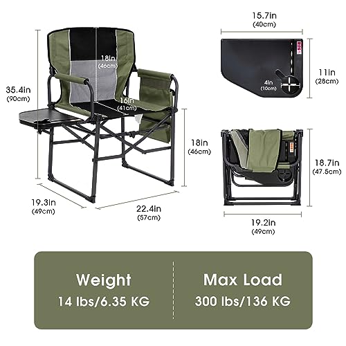 Wide Folding Director Chair with Table, Outdoor Camping Chair for Adults with Cup Holder Load 330 Lbs, Portable Lightweight Chair for Outside with Carry Bag for Patio, Green-2Pack - color: Director Green-2pack