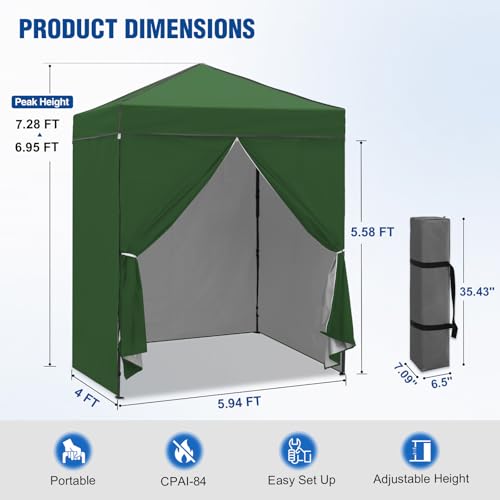 6x4 Pop Up Canopy Tent with Four Wall Panels, Instant Portable Beach Canopy, Outdoor Tent with Carry Bag for Camping, Sports, Tailgating, Events, Green - color: Green, size: With Four Walls