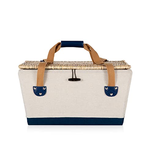 Picnic TIME Boardwalk Picnic Basket, Romantic Vintage English-Style Wooden Basket, Complete Deluxe Service for Four with Durable Canvas and Handwoven Lid - color: Beige Canvas With Navy Blue Accents for 4