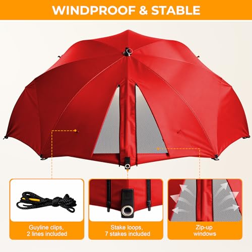 HOMEDEMO Beach Umbrella Tent (9.5ft, Red) with Fan Canopy, 3-in-1 Umbrella Shade Shelter for Beach, Picnic, Bleacher, Sports Games - style: Red