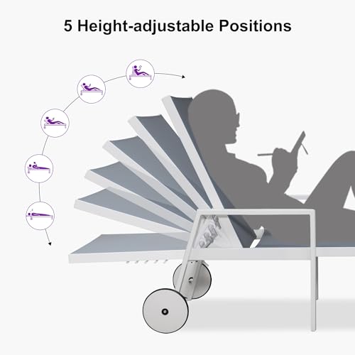 PURPLE LEAF Lounge Chair Outdoor Set 2 Pieces White Aluminum Chaise Lounge with Armrest and Wheels for Pool Deck Patio, Indigo - color: Indigo, style: Straight-leg w/ Armrest