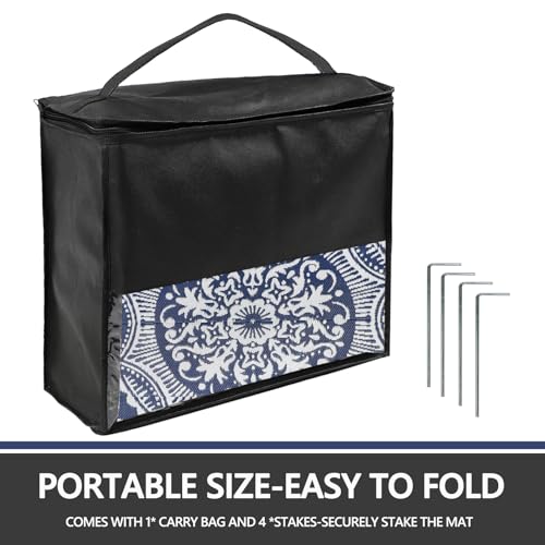 Capslpad Outdoor Rug 5x8 Blue Waterproof Outside Plastic Straw Rug, Reversible Boho Floral Balcony Carpet Foldable Camping Area Rug with Carry Bag for RV Patio Backyard Deck Bench Picnic Porch - color: Blue, size: 5' x 8' (Rectangular)