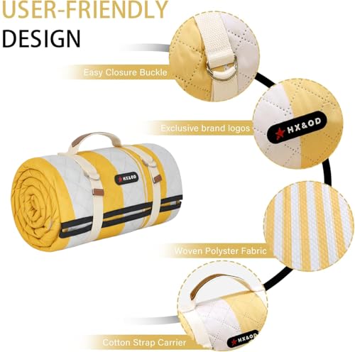 HX&OD Outdoor Picnic Blanket Extra Large, 80''*80'' Waterproof Picnic Mat with Stakes Foldable Camping Blanket Portable with Carry Strap for Beach Mat (Yellow& White, 80''*80'') - color: Yellow& White, size: 6'8" x 6'8" (Square)