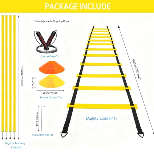 Agility Training Set for Soccer & Football - 20FT Speed Ladder, 12 Cones, and Training Aids for Kids Youth Sports Practice, Footwork Drill Kit - color: Yellow-1