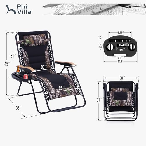 PHI VILLA XXL Oversized Padded Zero Gravity Chair, Foldable Patio Recliner, 30" Wide Seat Anti Gravity Lounger with Cup Holder, Support 400 LBS (Camouflage) - color: Camouflage, style: 1 Pcs