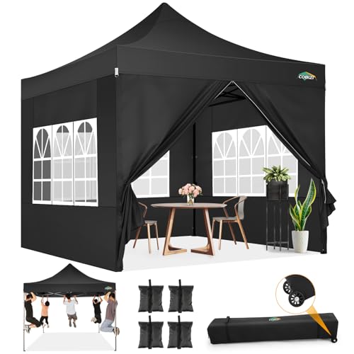 COBIZI 10x10 Pop Up Canopy with Sidewalls Heavy Duty Party Tent with Removable Awning Easy Up Outdoor Canopy Wedding, All Season Windproof&Waterproof with Roller Bag UPF 50+, Black - color: Black, size: 10x10 With 4 Sidewalls