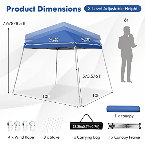 Tangkula 10x10 Ft Pop Up Canopy, Slanted Leg Outdoor Canopy Tent with Center Lock, UPF50+ Sun Protection, 4 Stakes, 8 Ropes, Carrying Bag, 1 Person Setup Instant Tent Shelter for Camp, Beach, Patio - color: Blue