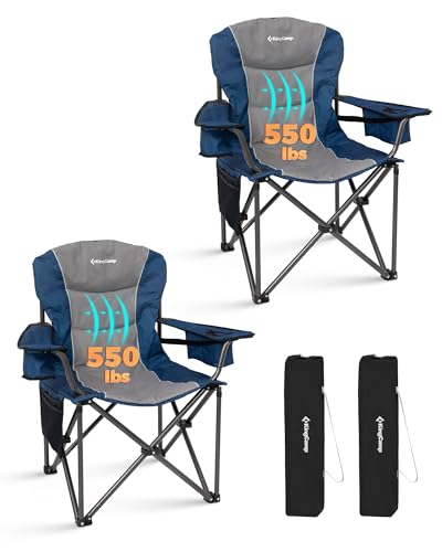 KingCamp Oversized Camping Chair with Adjustable Lumbar Support, 550lbs Heavy Duty Padded Folding Lawn Chair for Adults, Outdoor Armchair with Cooler Bag, Cup Holder & Side Pocket for Fishing, Travel - color: 2 Pack-blue/Mediumgrey