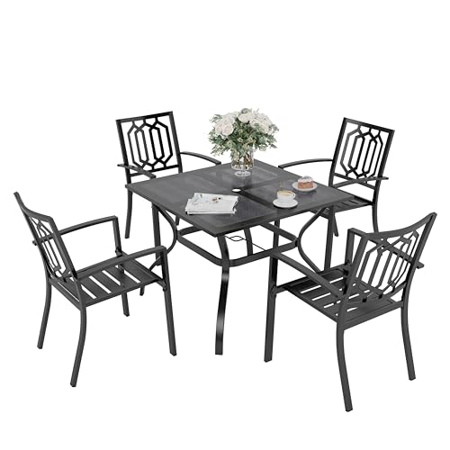 PHI VILLA 5 Pieces Outdoor Dining Set for 4, 37” Black Square Metal Steel Table with Mesh Top & Stackable Wrought Iron Chairs, Outside Furniture Set for Patio, Deck, Backyard, Porch - color: Hexagon Back Chair, size: 5PCS-37" Mesh Top Table