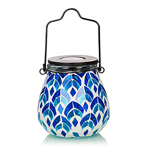 Afirst Mosaic Solar Lanterns - Glass Hanging Lights Hollow Out Waterproof Outdoor Decorative for Garden, Patio, Holiday Party Outdoor Decoration, 1 Pack - style: Blue