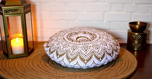 CRAFT KALA 32 Inch Meditation Floor Pillow Cover Round Pillow Seating Hippie Decorative Adults Bohemian Mandala Cushion Cover Outdoor Living Room Throw Ottoman Poufs Cover (White Gold Ombre) - color: White Gold Ombre