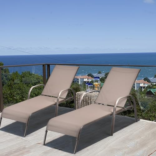 Giantex 2 Pack Patio Lounge Chair, Outdoor Chaise Lounge with 5 Adjustable Backrest, Sturdy Steel Frame, Sunbathing Recliner, Beach Chair, Tanning Chair for Outside, Yard, Balcony, Pool Chairs, Brown - color: Brown