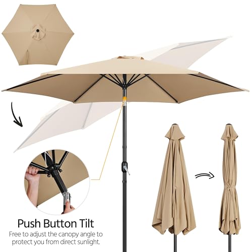 Yaheetech 10FT Patio Umbrella Outdoor with Heavy Duty Base Included,Table Umbrella with Push Button Tilt and Crank, UV Protection Waterproof for Yard/Outdoor/Wedding Parties and Events - Tan - color: Tan, size: 10FT