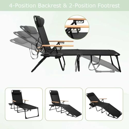 Foldable Chaise Lounge Chair Outdoor, Tanning Chair with 4-Position Reclining Back, Folding Sun Lounger, Outdoor Lounge Chair for Beach, Poolside, Backyard, Camping, UPF 50+, 300 LBS - color: Black
