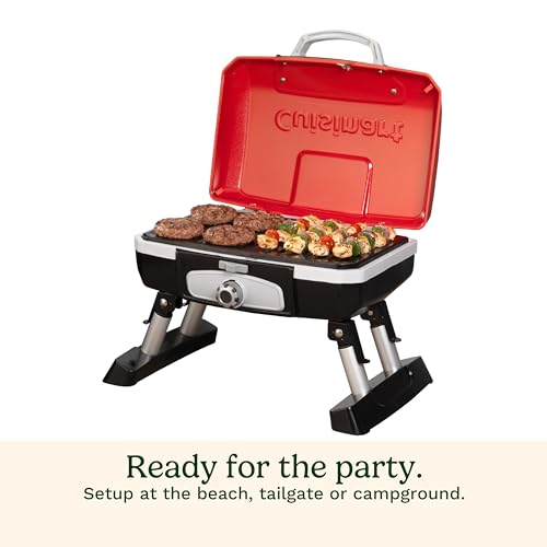 Cuisinart Petite Gourmet Portable Gas Grill, Compact Portable Grill Propane, 150 Sq. In. Cooking Surface, 5,500 BTU Burner Small Gas Grills for Camping, BBQ, Folding Legs and Carry Handles, Red - color: Petit Gourmet Tabletop Gas Grill, Red