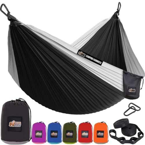 GORILLA GRIP Durable Camping Hammock with Heavy Duty Tree Straps, Portable Hammocks for Outside, Easy to Use Travel Swing Chair, Outdoor Camper Hiker Essentials, Backpacking Gear Gifts, Single, Black - color: Black/Grey, size: Single (9' x 4.5')
