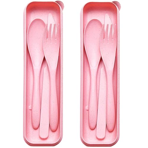 Reusable Travel Utensils Set with Case, 2 Sets Wheat Straw Portable Plastic Fork Spoons Knife Cutlery, Camping Eco-Friendly BPA Free Tableware for Kids Adults Work Picnic or Daily Use (Pink) - color: 2 Pink