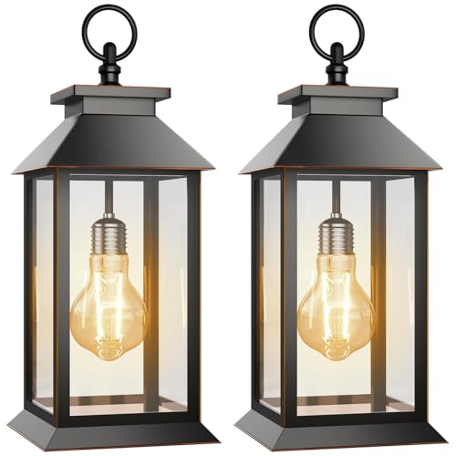 2 Pack Solar Lanterns Outdoor, Hanging Glass Solar Lights Waterproof, Dual Power Solar & 2*AA Battery, for Porch, Patio, Yard and Indoor Table or Mantel