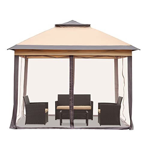 11x11 FT Gazebo Tent, Outdoor Tents for Parties with Mosquito Netting, Folding Heavy Duty Height Adjustable Canopy Tent for Patio Backyard Garden (Brown) - color: Brown