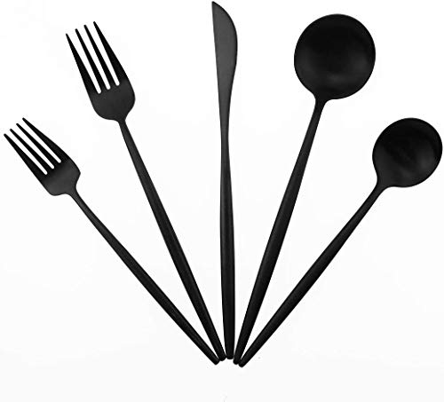 20-Piece 18/10 Stainless Steel Flatware Silverware, Luxury Dinnerware Set Travel Cutlery Tableware Include Knife Fork Spoon Service for 4,Healthy & Eco-Friendly Dishwasher Safe (Black Matte) - color: Black, size: Service for 4