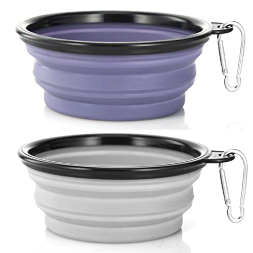 Dog Bowl Pet Collapsible Bowls, 2 Pack Collapsible Dog Water Bowls for Cats Dogs, Portable Pet Feeding Watering Dish for Walking Parking Traveling with 2 Carabiners (Small, Purple & Concrete Gray) - color: Purple & Concrete Gray, size: Small