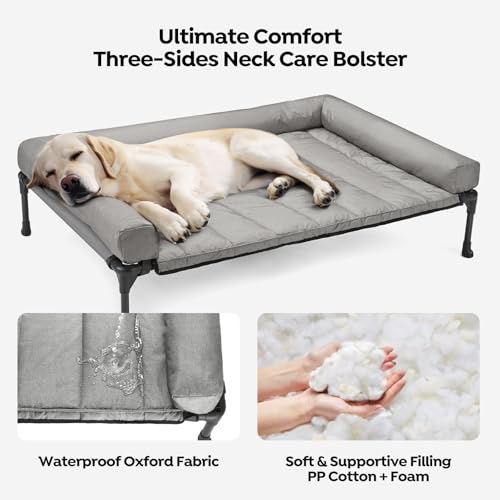 Veehoo Cooling Elevated Dog Bed Add Removable Waterproof Bolster Cushion Mat, Raised Pet Cot with Breathable Teslin Mesh, No-Slip Feet, Dog Couch Bed for Indoor Outdoor, 32x25inches, Grey, CWC2331B - color: Light Grey, size: 32.0"L x 25.0"W x 7.0"Th