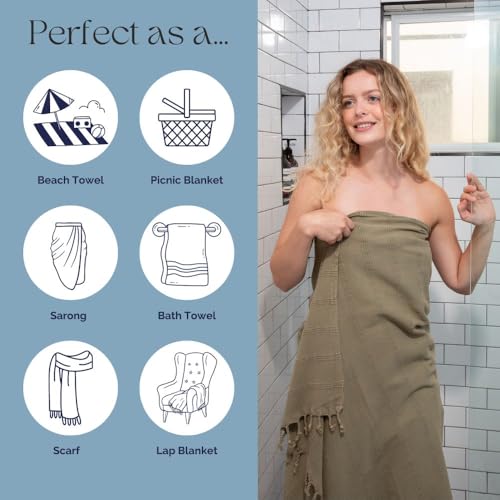 InfuseZen Stonewashed Turkish Bath & Beach Towel –100% Organic Turkish Cotton - Soft, Lightweight, Absorbent - Quick Dry, Sand Free - Swim, Pool, Shower, Travel - Peshtemal, Hammam Spa Towel - Khaki - color: Khaki Green
