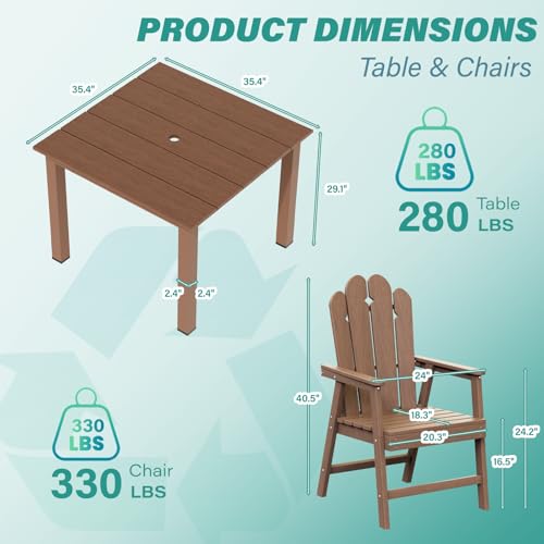 5-Piece Patio Dining Set, Outdoor Dining Set for 4, HDPE All-Weather Outdoor Furniture with 35.43” Umbrella Hole Table, 4 Armchairs, Brown - color: Brown, size: 4 Armchairs