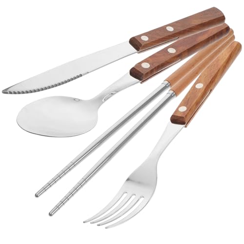 Stainless Steel Flatware Set with Wooden Handles, Fork Spoon Knife Chopstick Kit, Portable Camping Cutlery Set with Gray Carrying Bag for Outdoor Dining and Western Restaurant Use