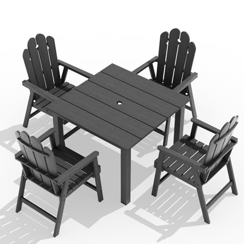 5-Piece Patio Dining Set, Outdoor Dining Set for 4, HDPE All-Weather Outdoor Furniture with 35.43” Umbrella Hole Table, 4 Armchairs, Gray - color: Grey, size: 4 Armchairs