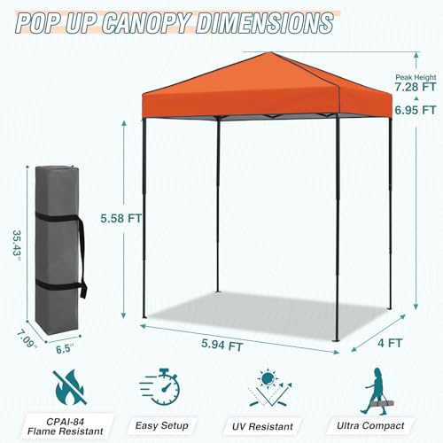 EAGLE PEAK 6x4 Instant Pop Up Canopy Tent, Straight Leg Sun Shelter, Portable Canopy with Carry Bag for Camping, Beach & Sports, Orange - color: Orange, size: No Wall