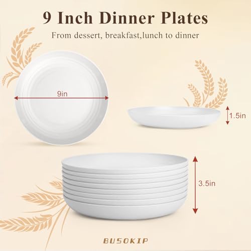 Wheat Straw Plates 9 Inch, Unbreakable & Reusable Plastic Plates Set for 8, Deep Dinner Plates for Salad, Sandwiches, Protein, Microwavable Plates for Kitchen, Party, Camping, RV - White - color: White, size: 9 inch