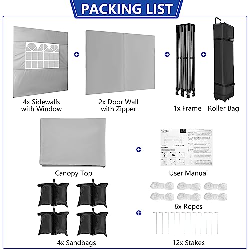 COBIZI 10x20 Heavy Duty Pop Up Canopy Tent with 6 Sidewalls Thicken Frame, Commercial Easy Up Outdoor Wedding Party Tents, All Season Waterproof Windproof with Stakes Sandbags Ropes Roller Bag, White - color: White, size: 10x20