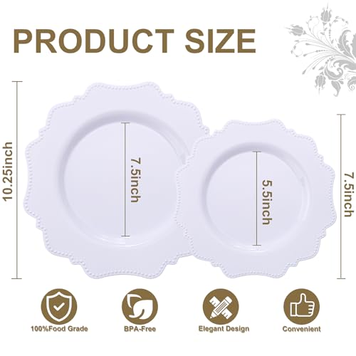 COLOSUS 100 pcs White Plastic Plates Set,Fancy Beaded Plates-European Retro plates include 50 dinner plates and 50 dessert plates,Plastic Disposable plates for BBQ and Party - color: White