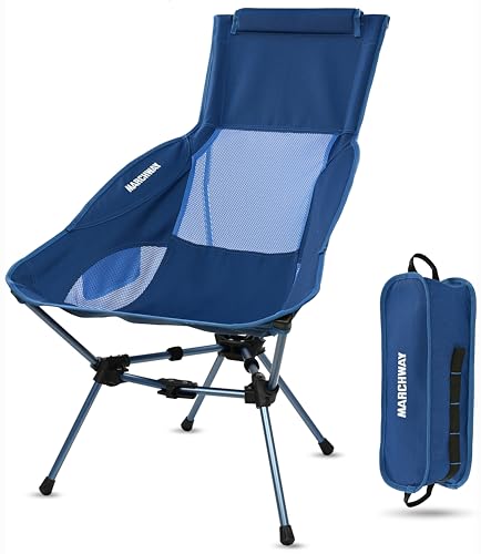 MARCHWAY Lightweight Folding High Back Camping Chair with Head Support, Stable Portable Compact for Outdoor Camp, Travel, Beach, Picnic, Festival, Hiking, Backpacking (Highback Dark Blue) - color: Highback Blue