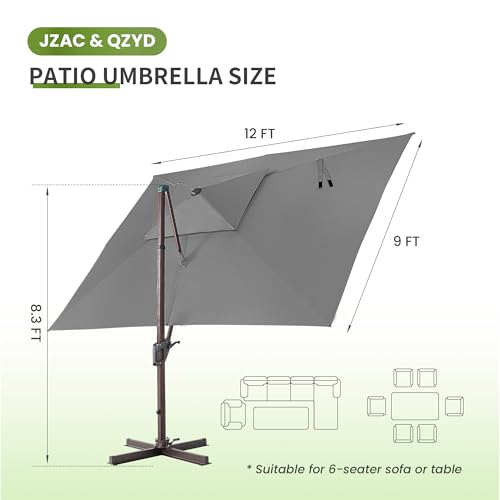 JZAC & QZYD 9x12 FT Outdoor Cantilever Patio Umbrella with LED Lights, Large Heavy Duty 2-Tier Aluminum Offset Umbrellas with 360-Degree Rotation for Pool Deck, Grey - color: Grey, size: 9'×12'