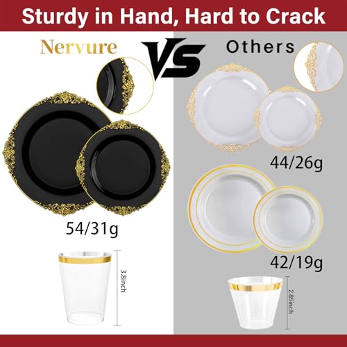Nervure 350PCS Black Plastic Plates - Black Plastic Dinnerware Sets for 50 Guests - 100 Disposable Plates, 150 Gold Silverware, 50 Cups, 50 Napkins for Wedding & Party & Graduation & Retirement - color: Black
