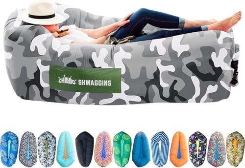 Chillbo Inflatable Couch – Unique Designs - No-Pump Setup, Ripstop Polyester, Stability Pegs, Fun Prints - Portable Air Inflatable Lounger for Beach, Camping, Festivals, and Tailgating - color: Urban Camo, size: Large