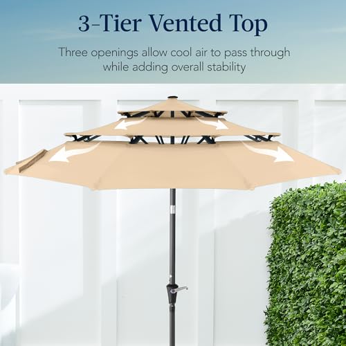 Best Choice Products 10ft 3-Tier Market Patio Umbrella, Outdoor Sun Shade with Tilt, Crank Lift, 8 Ribs for Backyard, Deck, Poolside - color: Sand