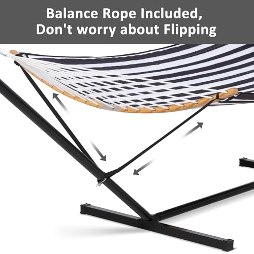 SUNCREAT Hammocks Extra Large Hammock with Stand Included, Double Hammock with Curved Spreader Bar, Black Stripes - color: Black Stripes