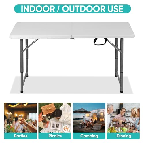 SUPER DEAL Portable 4 Foot Plastic Folding Table, Indoor Outdoor Heavy Duty Fold-in-Half Picnic Party Camping Barbecues Table with Carrying Handle, White - size: 4 FT