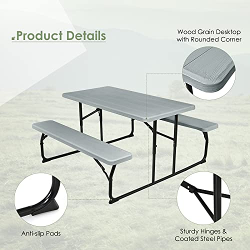 S AFSTAR Folding Picnic Table Bench Set, Foldable Picnic Table with 2 Benches, Outdoor Table and Bench W/Steel Frame & Wood-Like Texture Tabletop, Camping Table Chair Set for Garden Patio Lawn (Gray) - color: Grey