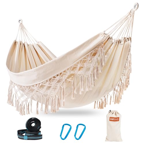Lazy Daze Hammocks Double Brazilian Cotton Hammock, Extra Large Portable Outdoor Camping Hammock with Tree Straps & Travel Bag for Backyard Patio Poolside Indoor, 550lbs Capacity, Beige - color: Beige