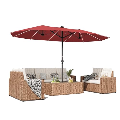 GDPFN 15ft Large Patio Umbrella with Solar Lights, Outdoor Double-Side Rectangular Umbrella, Backyard Pool Umbrella with LED Light for Deck, Outside, Market, Burgundy (Base Not Include) - color: Burgundy, size: With Led