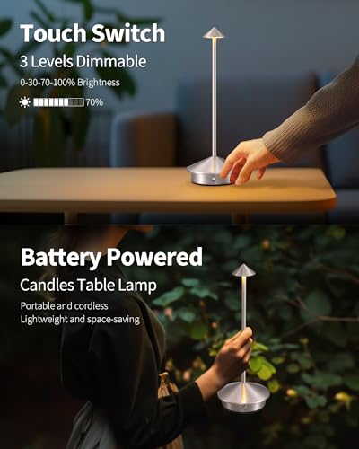 Modern Cordless Table Lamp Set of 2, Portable LED Desk Lamps, 5000mAh Rechargeable Battery Operated Lighting for Bedroom Dining Room Restaurant Coffee Shop Camping Night Light (Brushed Nickel) - color: Brushed Nickel (2 Pack)