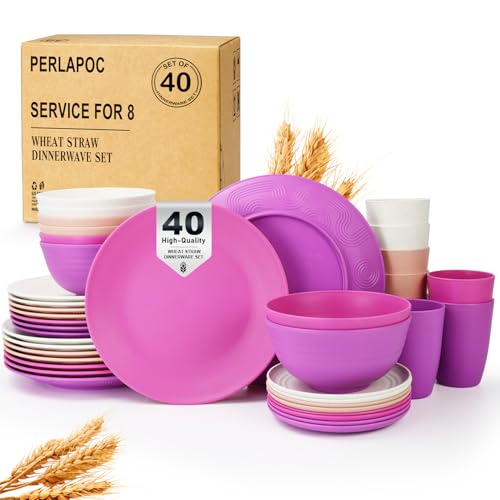Wheat Straw Dinnerware Sets 40 PCS Bowl and Plate Sets With Cup Dishes Set for 8 Unbreakable Dish Sets Microwave Safe Plates Dinner Bowls Drinking Glasses With 4 Color - Flower Color - color: Flower Color, size: 40 PCS