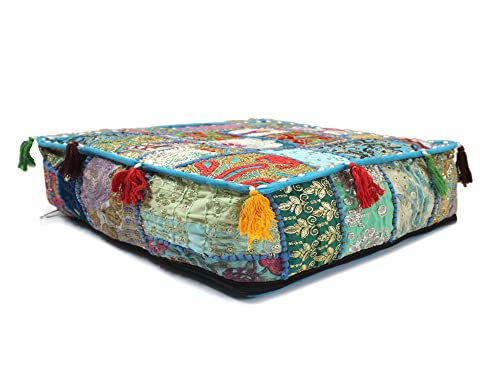 Mam Treasures Indian Bohemian Decorative Pillow Vintage Cushion Cover Patchwork Square Floor Pillow Cover Meditation Cushion Large Floor Pillow Indian Cushion (Light Blue, 22 X 22 X 5 Inch) - color: Light Blue, size: 22" x 22" (Pack of 1)