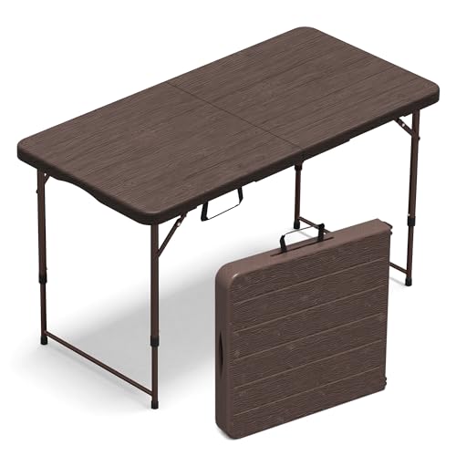 VSOAEIL Folding Table 4 Foot for Indoor Outdoor, Portable Heavy Duty Fold-in-Half Utility Small Plastic Adjustable Height Folding with Carrying Handle for Picnic Camping and Party, Brown - color: Brown, size: 4 Ft - 1 Pack