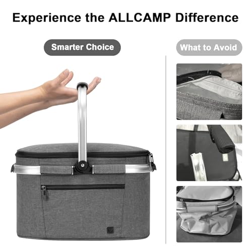 ALLCAMP Insulated Cooler Bag Portable Collapsible Picnic Basket Cooler Bag Collapsible, Leakproof, Lightweightwith Sewn in Frame (Medium Gray) - color: Gray, size: Medium