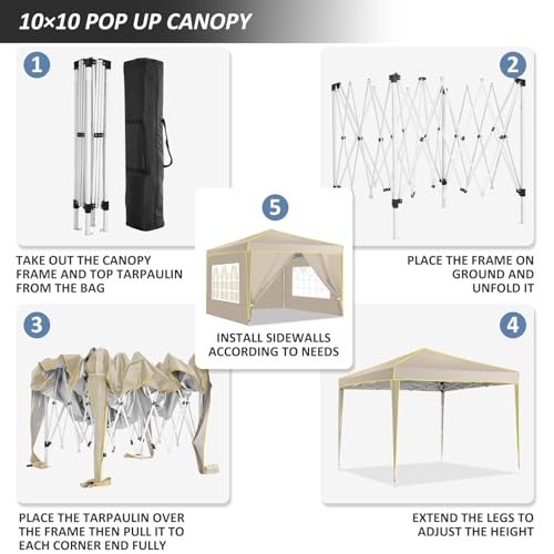 COBIZI 10x10 Pop Up Canopy with 4 Removable Sidewalls, Canopy Tent for Parties Waterproof Wedding Event Canopy,Instant Outdoor Gazebos with Church Window,Carry Bag,4 Stakes,Ropes & Sandbags,Khaki - color: Yellow, size: 10x20 FT Upgraded
